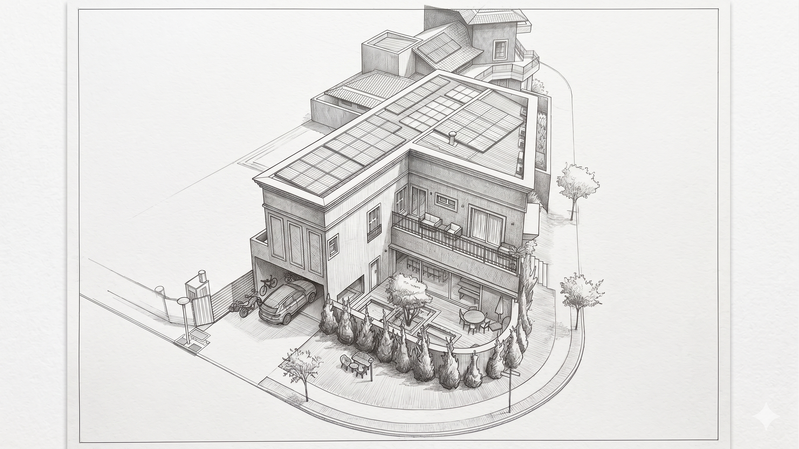 Projeto residencial — casa de esquina isométrica